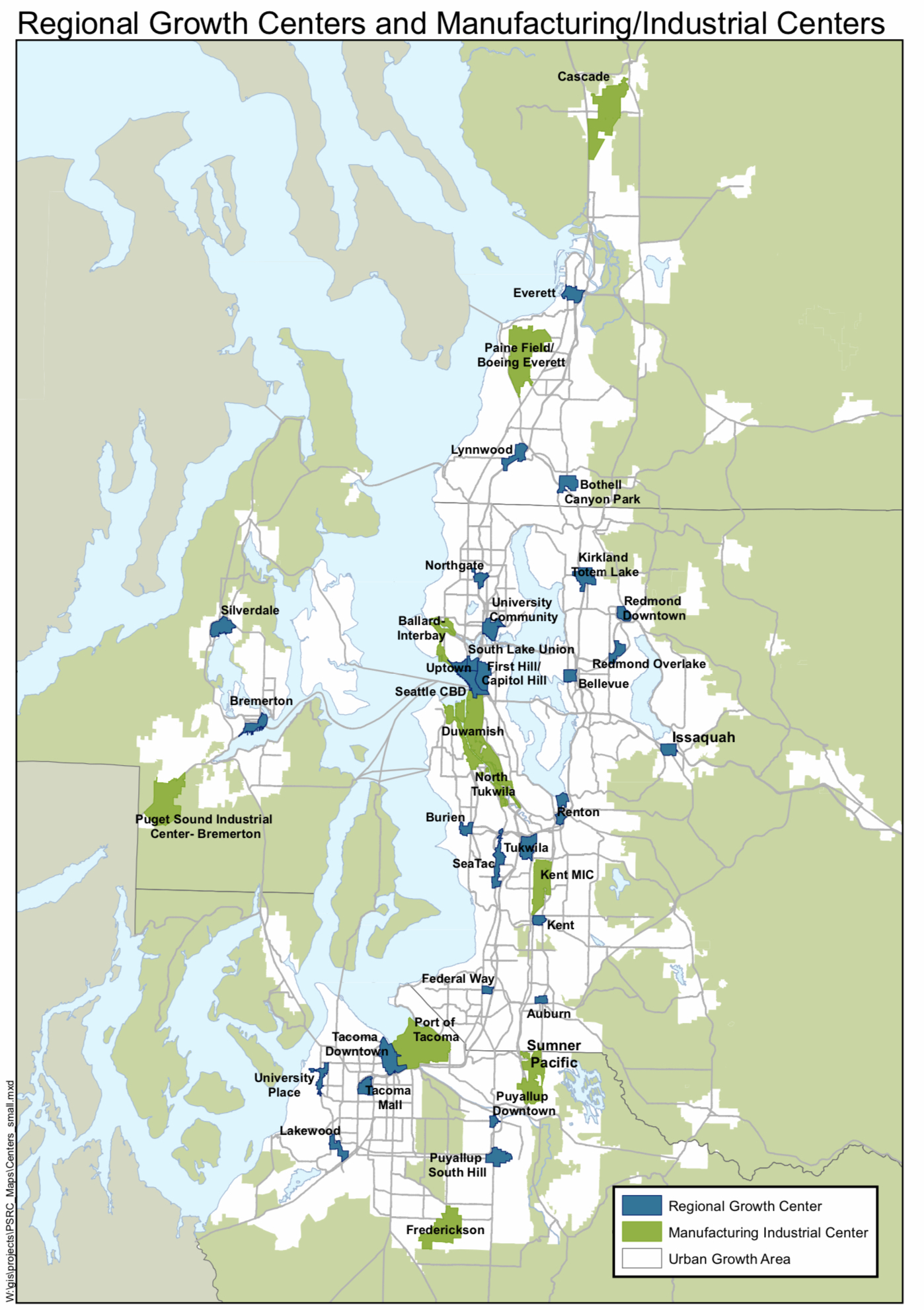 Designated Regional Growth Centers and Manufacturing Industrial Centers in the Puget Sound region. The designations follow the old redlining maps and avoid many politically powerful single-family towns and neighborhoods. This focuses development and displacement on neighborhoods of color. (Puget Sound Regional Council)