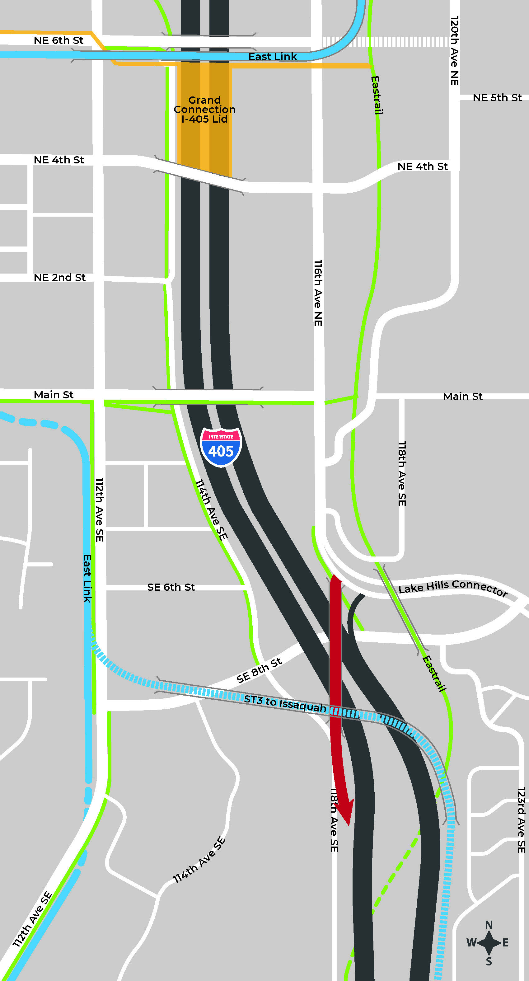 Option 2: Lake Hills Connector southbound on-ramp and close westbound to southbound on-ramp at NE 4th Street. (City of Bellevue)