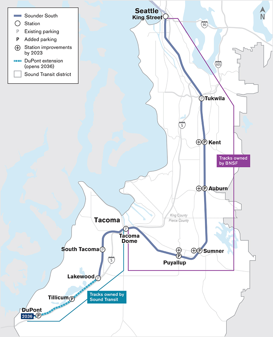 The Sounder South corridor, track ownership, and existing and planned service extent. (Sound Transit)