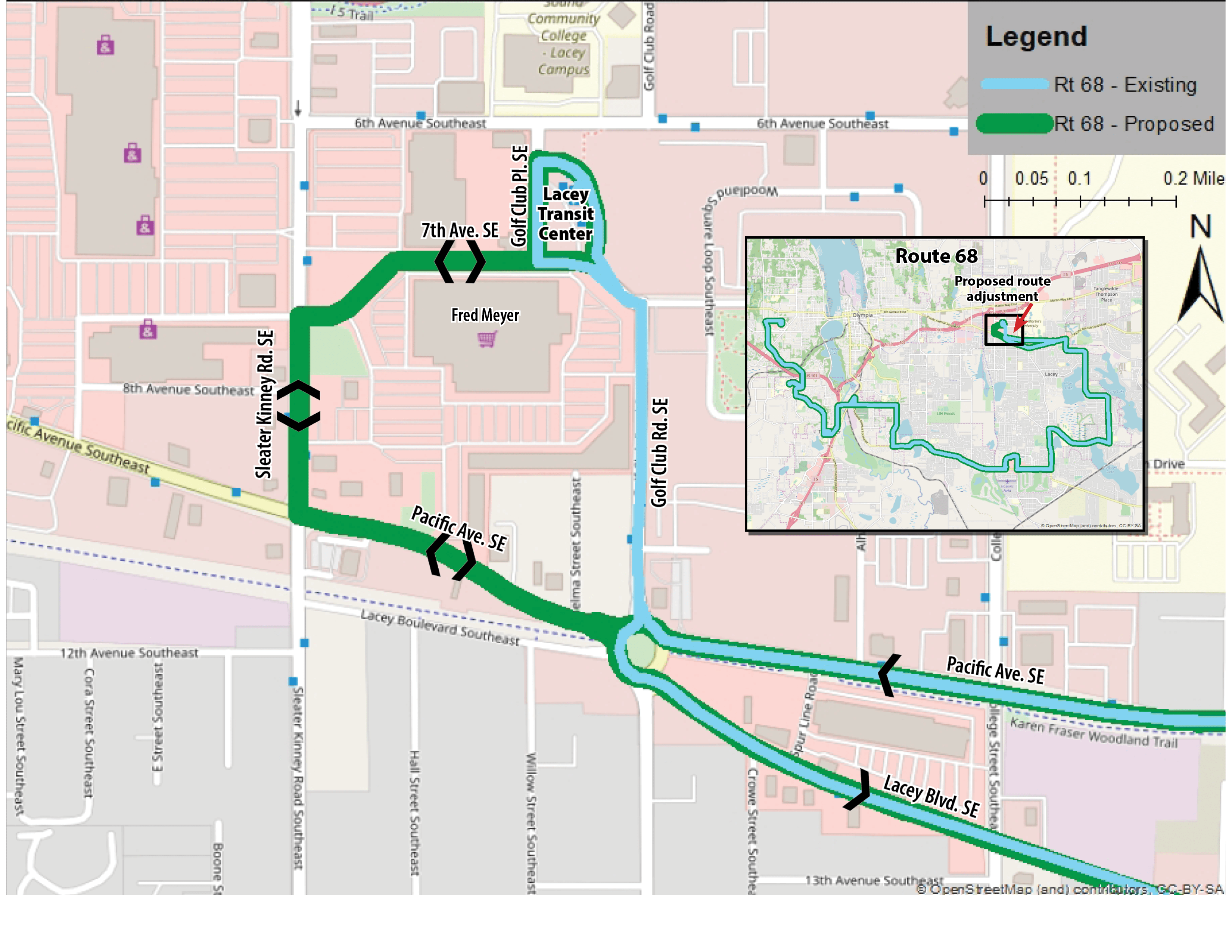 The proposed alignment adjustment for Route 68 in reaching the Lacey Transit Center. (Intercity Transit)