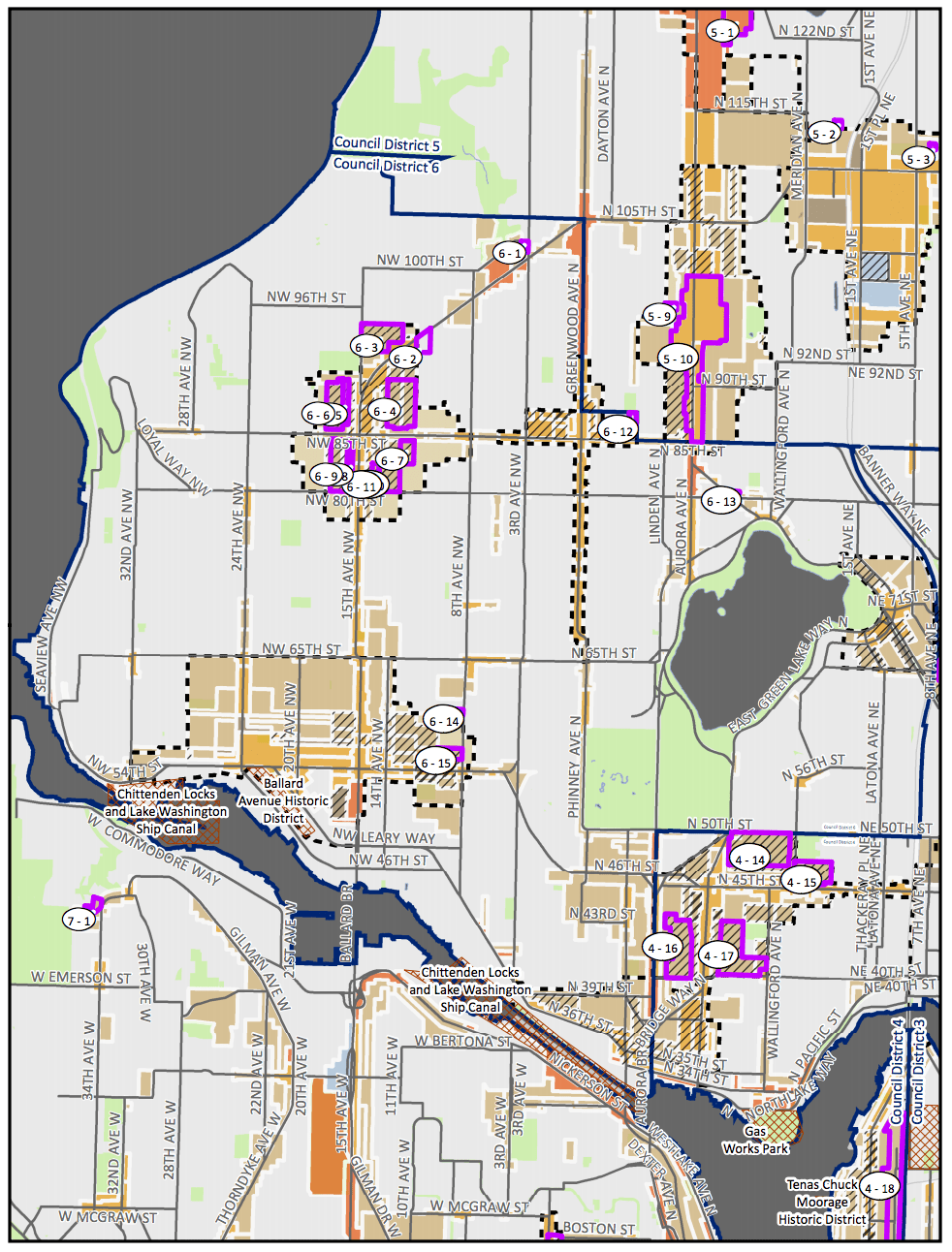 Council District 6 MHA rezone map with amendment proposals. (City of Seattle)