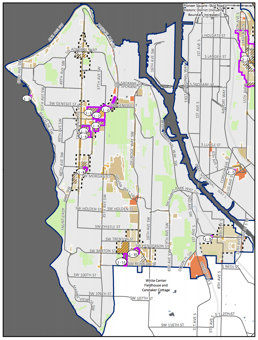 Council District 1 MHA rezone map with amendment proposals. (City of Seattle)