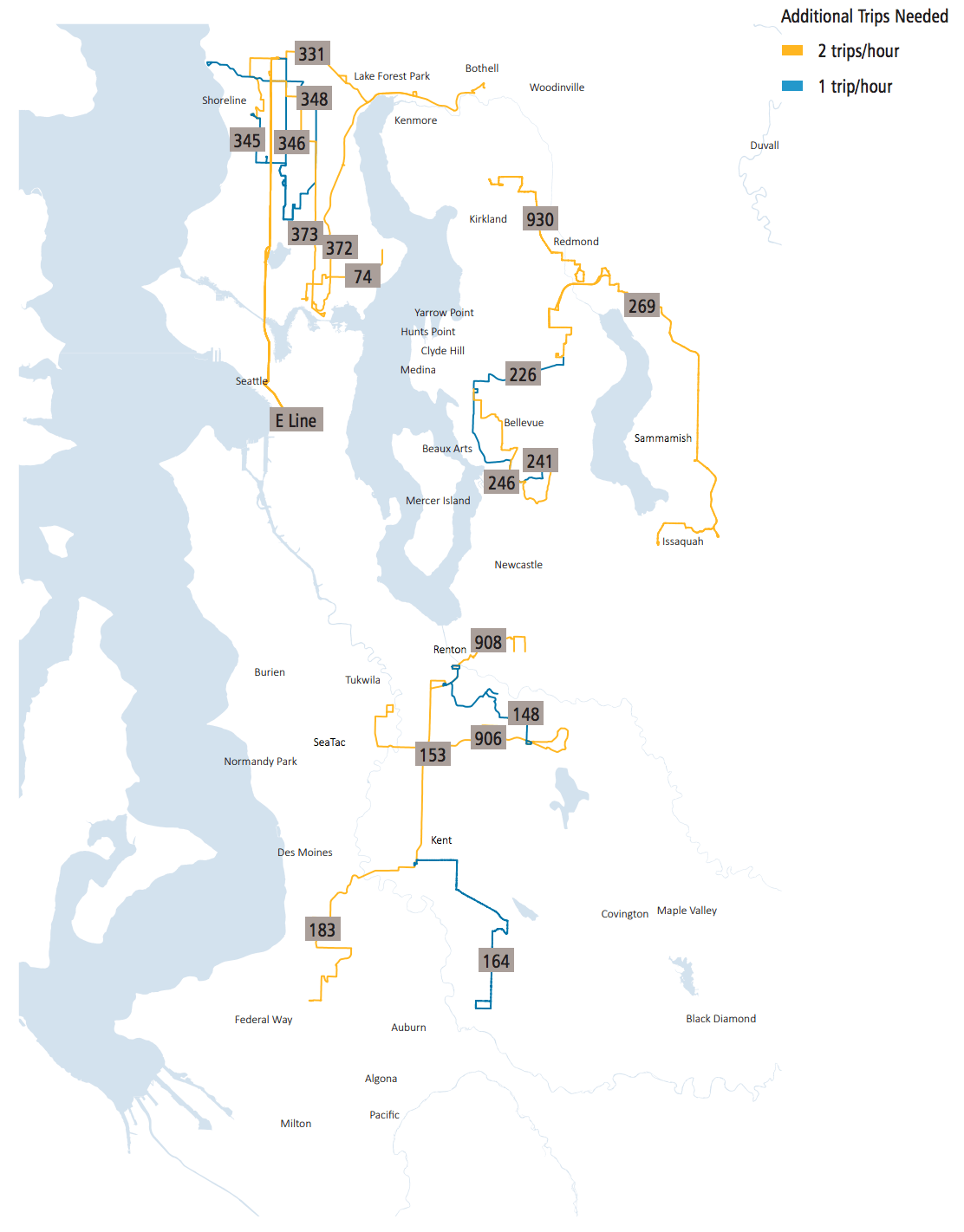 Metro bus corridors needing investment per the Service Guidelines at night period (after 7pm). (King County)