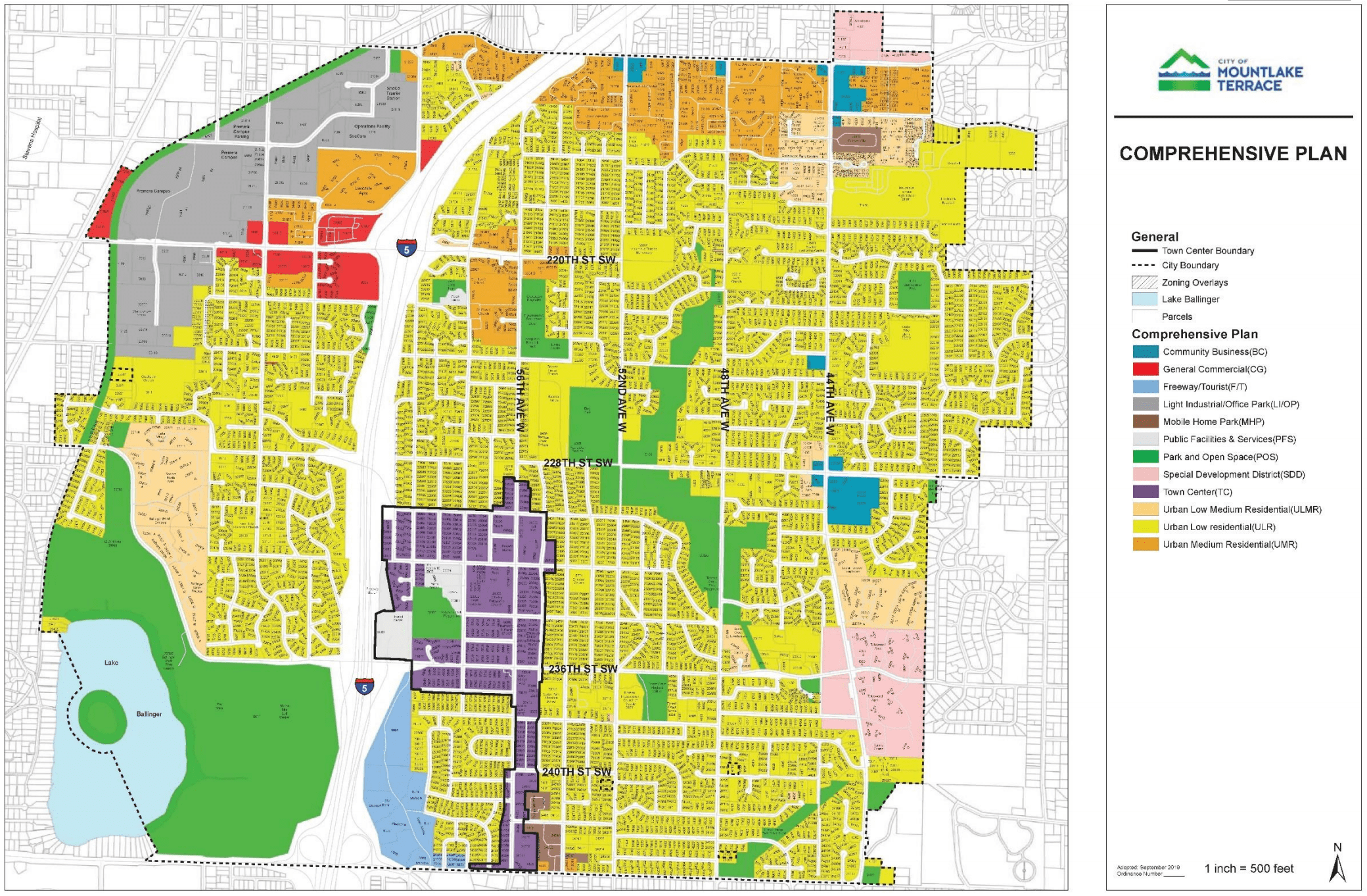 New future land use map for Mountlake Terrace's Comprehensive Plan, which highlights the Town Center area. (City of Mountlake Terrace)
