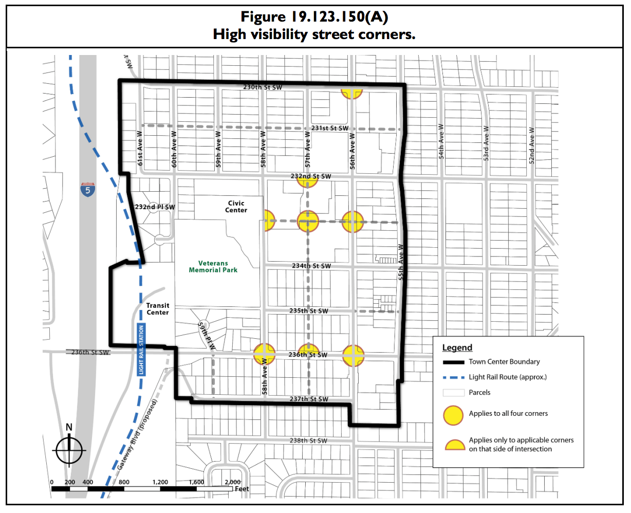 Where high visibility corner requirements will apply. (City of Mountlake Terrace)
