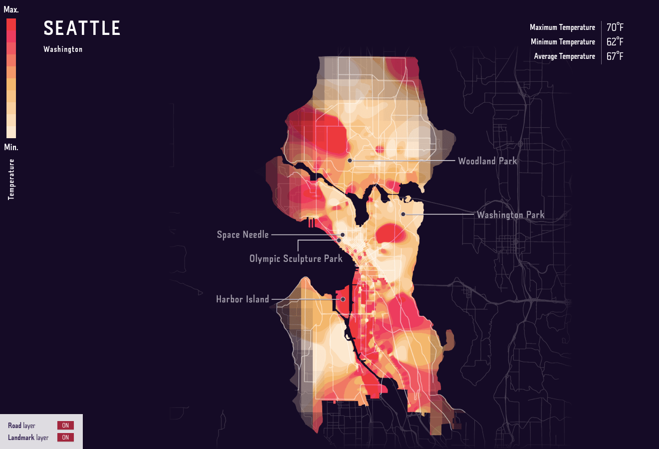 This temperature shows the distribution of urban heat effect across Seattle. Data for the above map was collected at 12pm on June 21st, 2017 from over 55,000 points across the city. (Credit: Geotab)