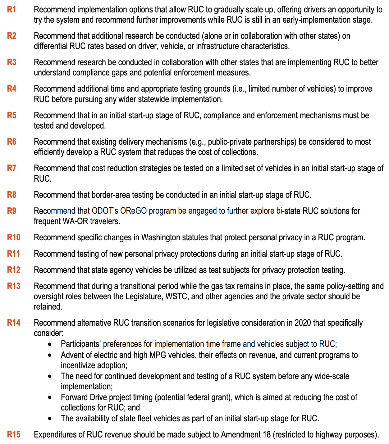 The WSTC's preliminary recommendations on implementing an RUC. R15 is the recommendation that restricts road usage charge revenue to highway purposes. (WSTC)