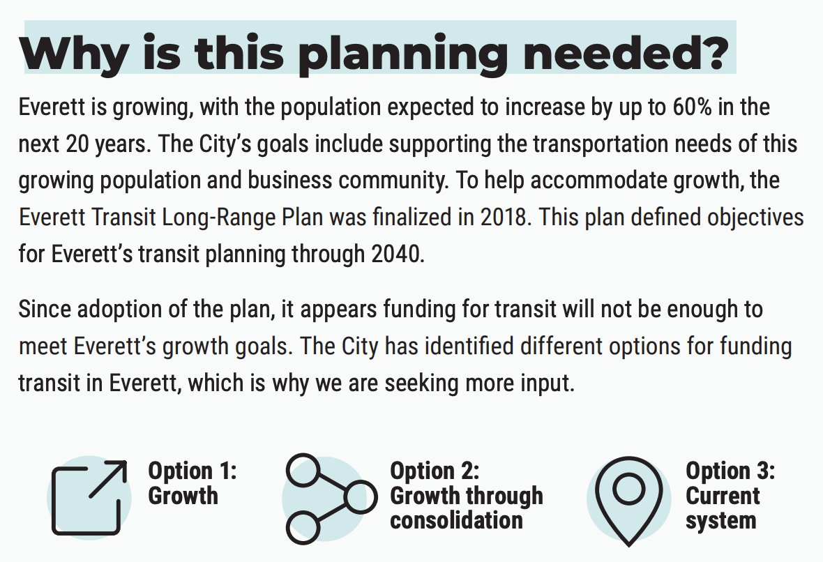 An excerpt from a Rethink Transit poster. "Why is this planning needs? Everett is growing, with the population expected to increase by up to 60% in the next 20 years. The City's goals include supporting the transportation needs of this growing population and business community..." (City of Everett)