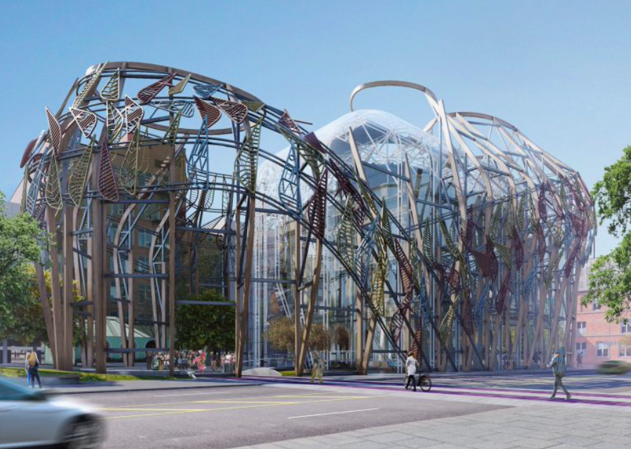 A rendering of a modern structure made from colored metal rods curved into different shapes.