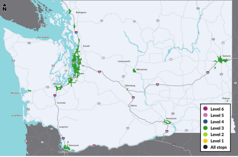 A map of Washington State with the Level 3 transit stop walksheds shown in green.