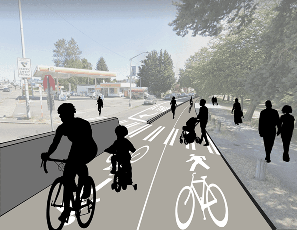 A rendering with road users in silhouette along the two way bike lane, marked with walking and biking symbols
